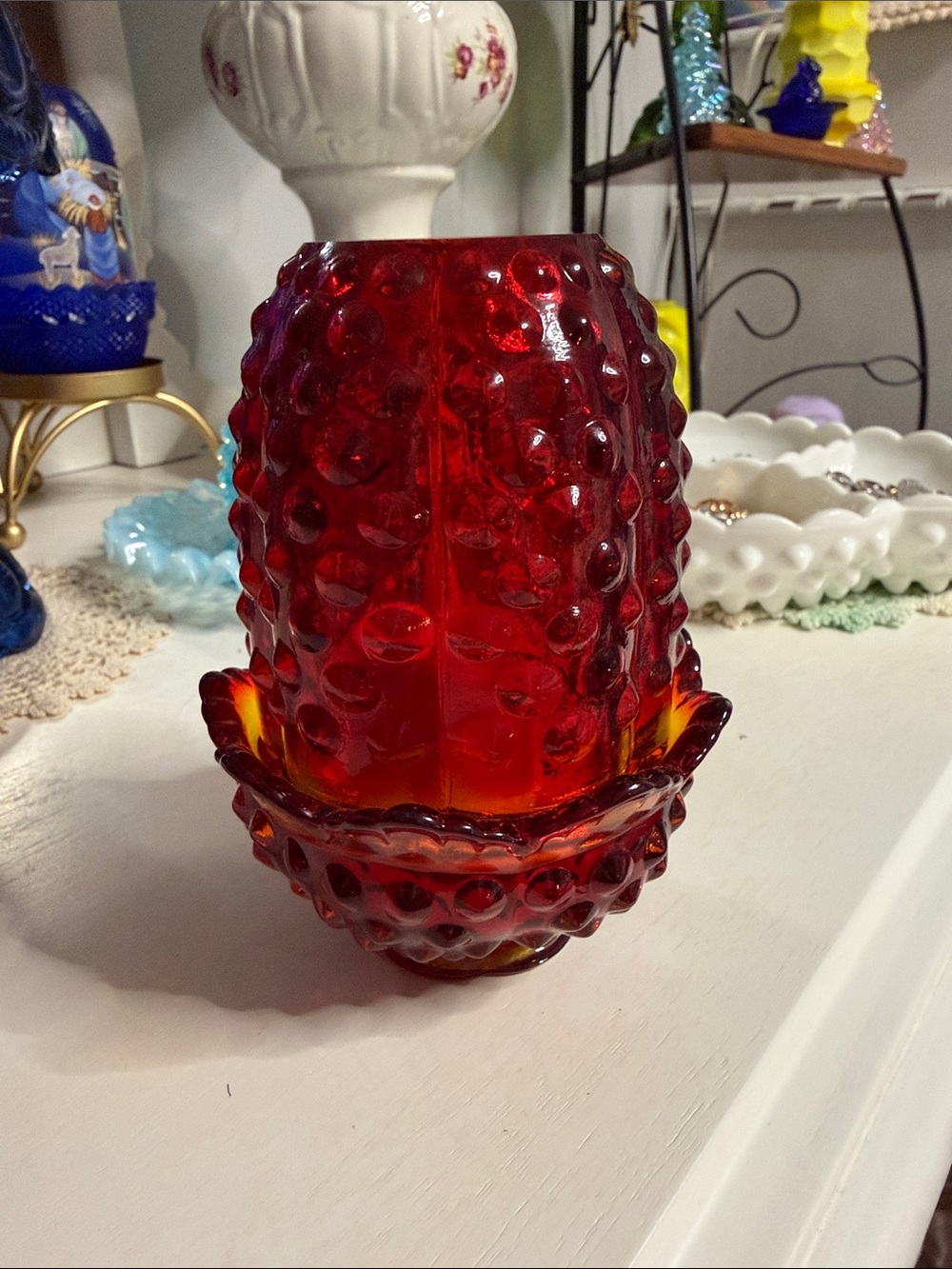 Vintage Fenton hobnail fairy lamp in ruby red (sometimes also called amberina)
